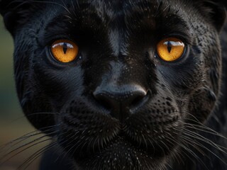 A close up portrait of a black panther with piercing golden eyes