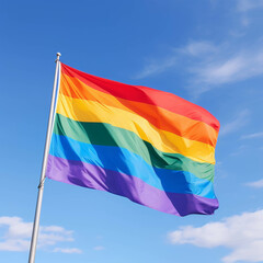 Vibrant Rainbow Flag Waving Proudly Against a Clear Blue Sky