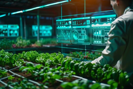 Scientist works with VR or AR screen in green greenhouse. Modern agricultural practices with virtual reality simulators. Smart farming with AI, futuristic agriculture concept