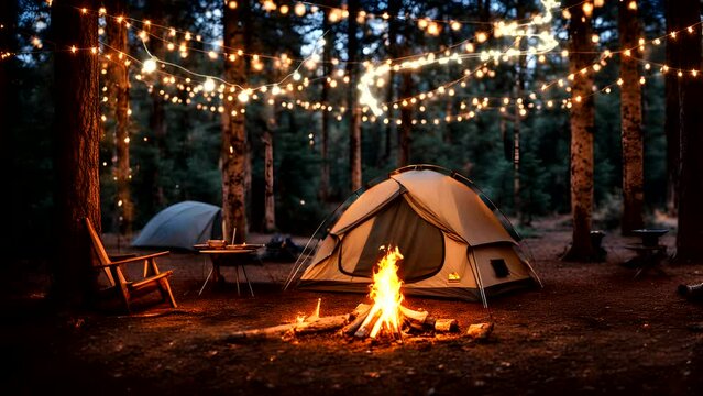 night view when camping cozy tent visible string lights  Seamless looping 4k time-lapse animation video background