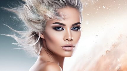 Beautiful woman, girl. Female model with Extraordinary amazing Hairstyle and Flawless professional Makeup. AI Generative.