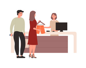 Husband and wife paying for clothes at cashier counter, woman holding hanger with shorts vector illustration