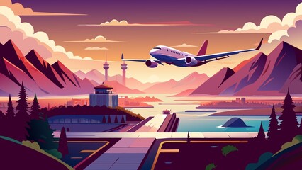 airplane landing at airport. vector illustration in cartoon style. travel concept