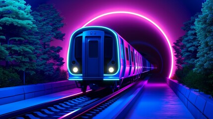 Naklejka premium Subway train exiting a glowing tunnel, trees growing within, neonlit ambiance, ethereal atmosphere, futuristic and dreamlike