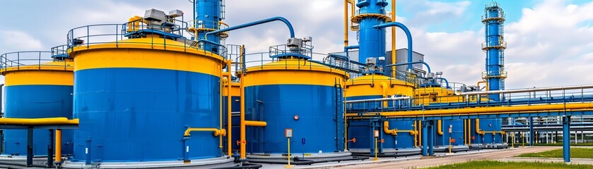 Modern chemical processing facility, extensive network of pipes and tanks, vibrant yellow and blue structure, surrounded by clean roads and greenery