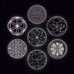 Set of ornamental mandalas isolated on black background.