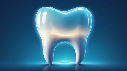 Healthy tooth with glowing effect on blue background, teeth whitening concept, illustration. Generative AI