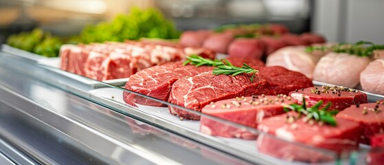 Variety of fresh meat cuts displayed in a glass deli counter, garnished with rosemary and seasoning, with vibrant colors and soft bokeh background