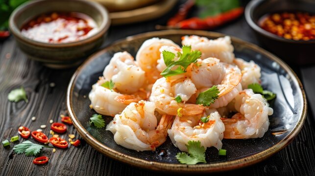 Steamed shrimp dumplings known as Hakau Udang served with chili sauce on a dark wooden table