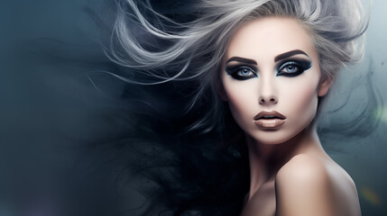 Fototapeta premium Beautiful woman, girl. Female model with Extraordinary amazing Hairstyle and Flawless professional Makeup. AI Generative.