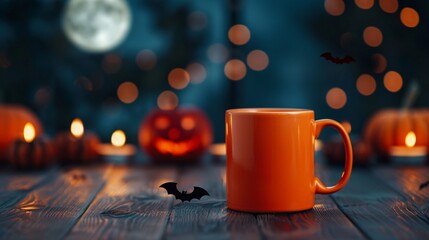 Obraz premium Eerie Halloween night with an orange mug, bats against a full moon, surrounded by pumpkins and candles, creating a spooky yet cozy scene