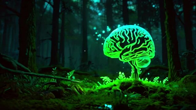 A glowing green brain sits on a bed of moss in the middle of a dark forest.