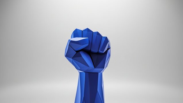 A digital 3D rendering of a hands clenched into fists as a sign of strength, composed of blue geometric polygons, on a white background.