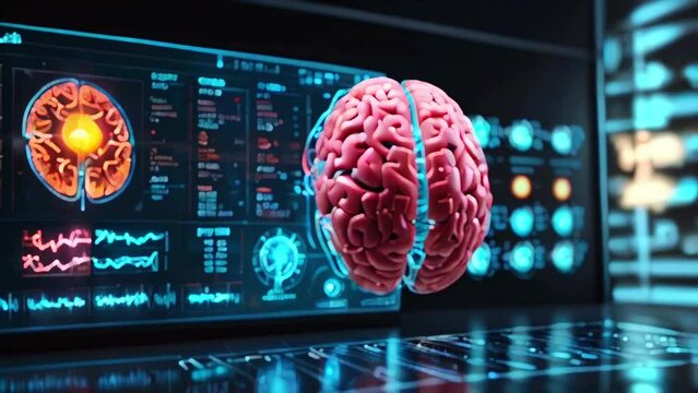 A brain on a futuristic user interface with a circuit board in the background.