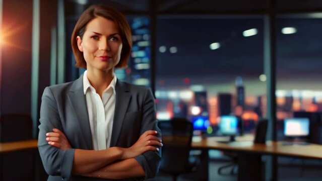 A young woman in a suit is standing in an office with her arms crossed. She has short brown hair and is looking at the camera with a confident expression.