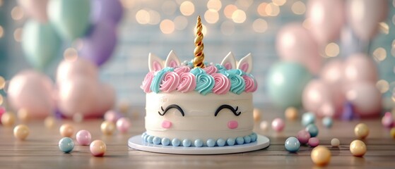 Adorable unicorn cake adorned with candy pearls, pastel swirls, and a golden horn, set against a light background with balloons