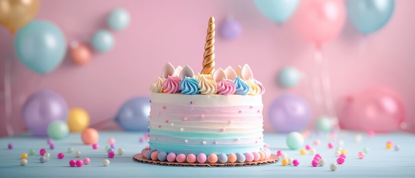 Adorable unicorn cake adorned with candy pearls, pastel swirls, and a golden horn, set against a light background with balloons