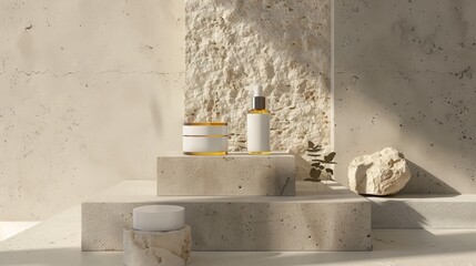 Stone podium for product display mockup. Beauty cosmetic product, perfume, and natural product placement pedestal present minimal display concept. 