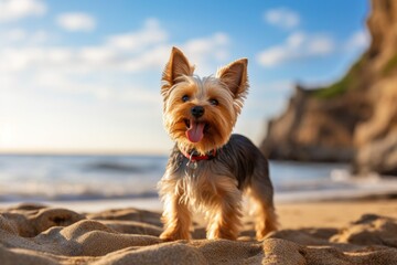 Portrait of a happy yorkshire terrier over sandy beach background