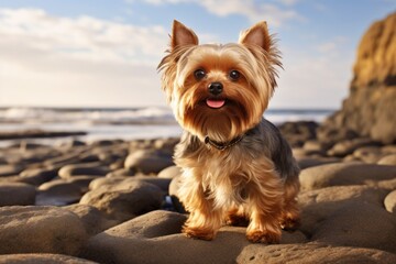 Portrait of a happy yorkshire terrier isolated in sandy beach background