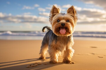 Portrait of a happy yorkshire terrier while standing against sandy beach background