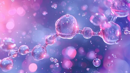Diagonal DNA molecule and transparent droplets, shallow focus. Biochemistry, modern medicine or genetic research related 3D rendering background