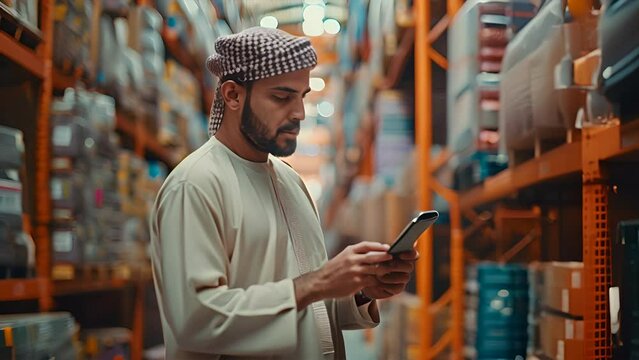 Business omani man using Tablet and Freight. the man should wear white kandoora dress.generative ai