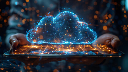 Hosting Telecommunications Services Concept. Businessman Uses Tablet on Global Networking, Data Transfer, Connectivity Solutions, Developing Smart Solutions from Digital Technology. .........