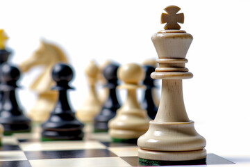 Close-up of a wooden chess king piece in the foreground, with blurred black and white chess pieces in the background on a chessboard
