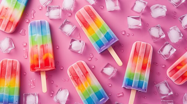 Colorful rainbow popsicles and scattered ice cubes