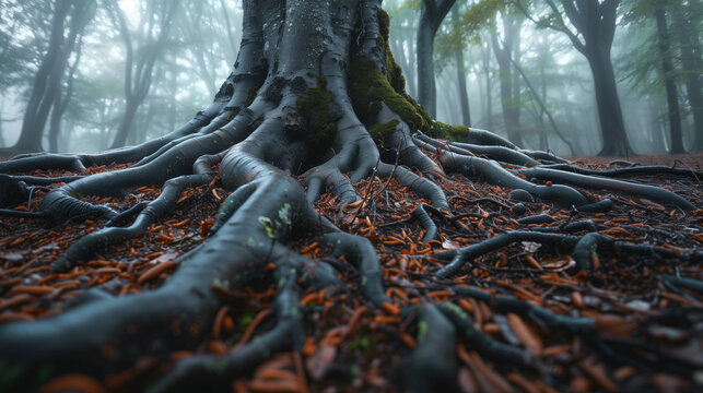Close-up of large tree roots spreading across the forest floor, covered in moss and fallen leaves. The misty background and towering trees create a mystical and ancient woodland atmosphere