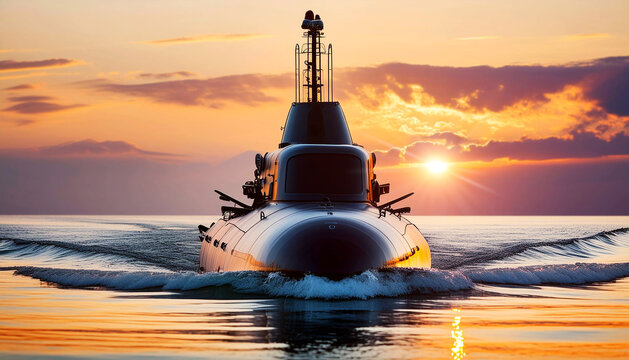 Front View of a black nuclear military submarine sailing in the open sea semi-submerged in ocean waters at sunset or sunrise. Generative Ai.