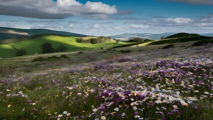 Fototapeta premium Great spring and summer standard scene with developing field of daisies in the grass in the disproportionate open country.