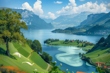 landscape illustration of Switzerland with grass, snow mountain, sky house and trees, natural beautiful scene in europe