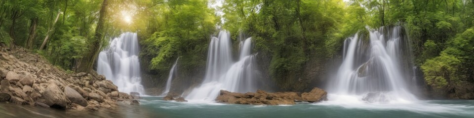 Naklejka premium Majestic Waterfall Flowing Through Lush Forest