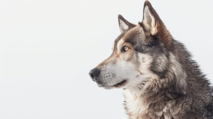 Fototapeta premium Timber Shepherd Wolfdog gazing in a different direction against a white background