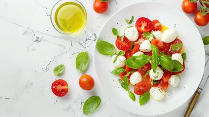 "Flavorful Caprese Salad Featuring Tomatoes, Mozzarella Balls, and Basil, Top View.