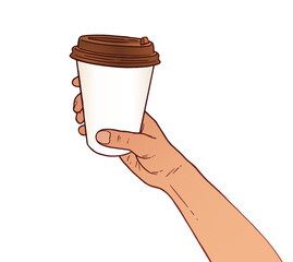 Vector hand drawn side view illustration of hand holding disposable paper coffee takeaway cup