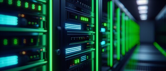 Obraz premium Modern server unit, with neon green framework, intricate wiring, and ambient lighting in a tech lab