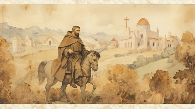 St. John of Capistrano Leading Soldiers on Medieval Battlefield, Biblical Illustration, Beige Background, Copyspace , Biblical Illustration,Christian banner