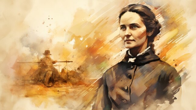 St. Frances Xavier Cabrini Serving Immigrants, Early 20th-Century America, Biblical Illustration, Beige Background, Copyspace , Biblical Illustration,Christian banner