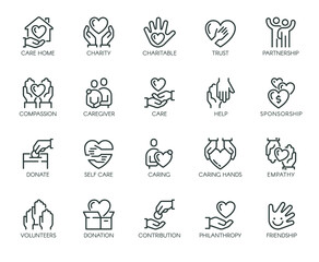 Premium Icons Pack on Charity and Donations. Such Line Signs as Volunteering and Compassion, Philanthropy Contribution and Sponsorship. Vector Icons Set for Web and App Outline Editable Stroke.