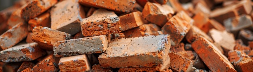A close-up of a pile of broken red bricks, showing various textures and details. Perfect for construction, demolition, and urban decay themes.