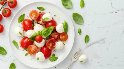Delicious caprese salad with cherry tomatoes, fresh garden basil and mozzarella cheese on a white marble table Top View