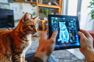 Hands with tablet with digital screen displaying futuristic smart cat health system. Modern healthy practices with virtual reality simulators for pets.
