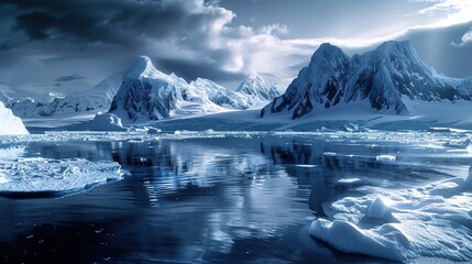Frozen Water Reflection in Front of Snowy Mountains, Mystical Dark Blue Background