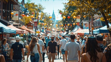 A bustling street fair with food vendors, live music, and families enjoying the festive atmosphere,