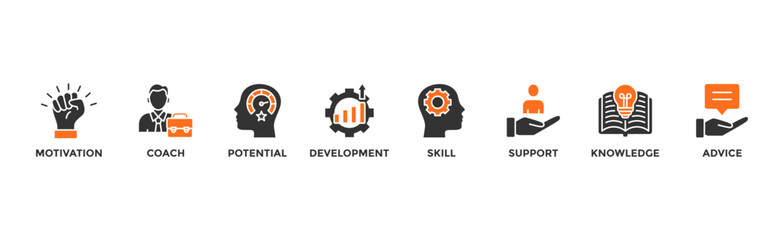 Coaching banner web icon vector illustration concept with icon of motivation, coach, potential, development, skill, support, knowledge, and advice	