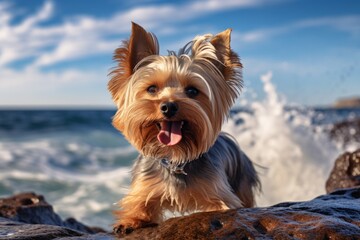Portrait of a funny yorkshire terrier in front of crashing waves background