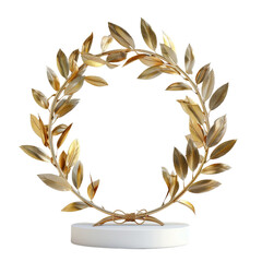 A golden laurel wreath stands on the pedestal. In a unique style with a transparent background.
